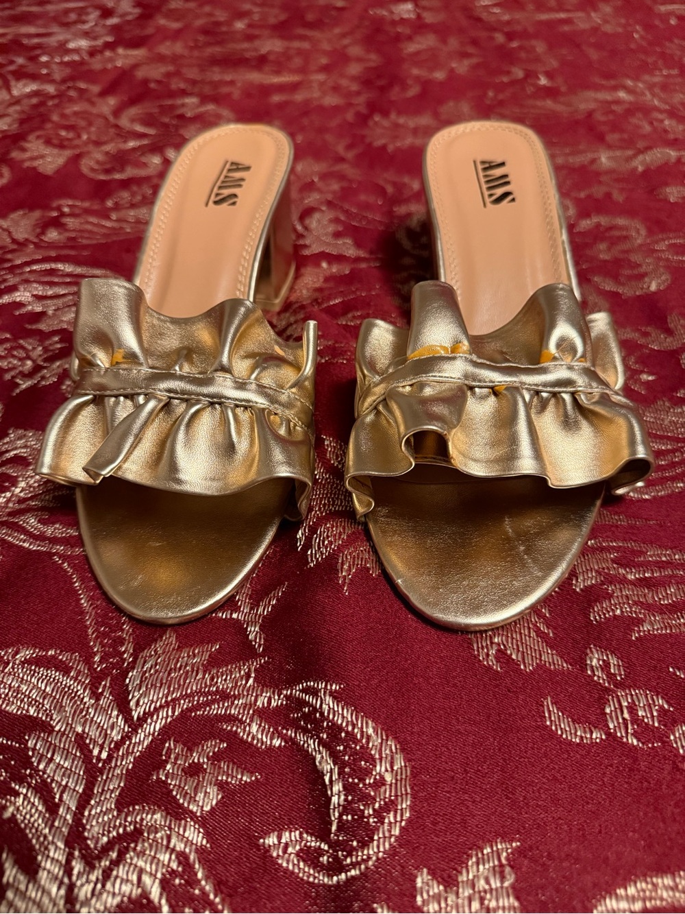AMS Gold Ruffle Slide Heels for Women